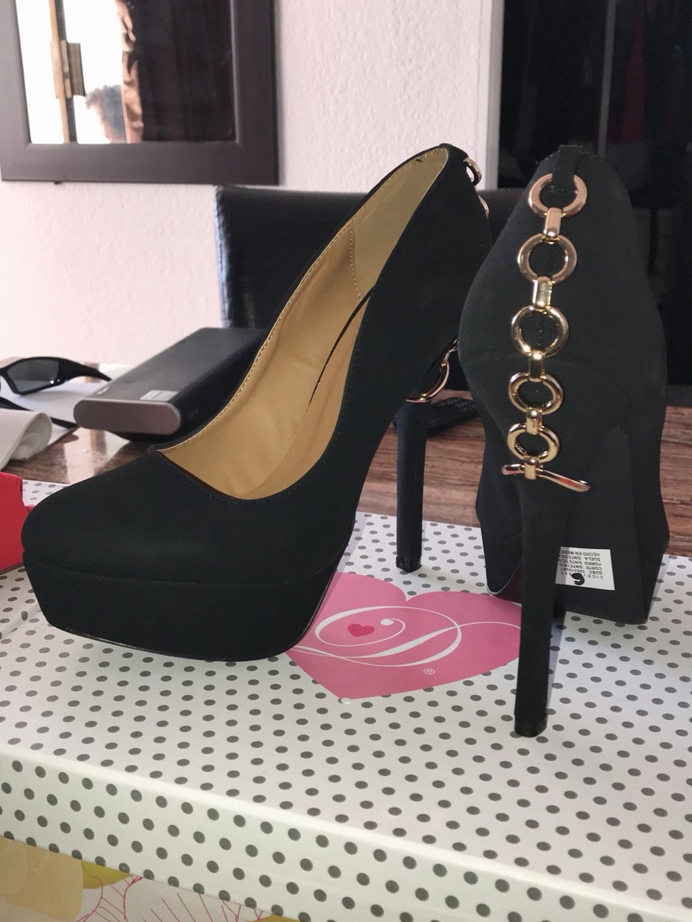 Qupid Black Platform Stiletto Pumps with Gold Chain Detail